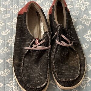 Hey Dude Black and Red Loafers